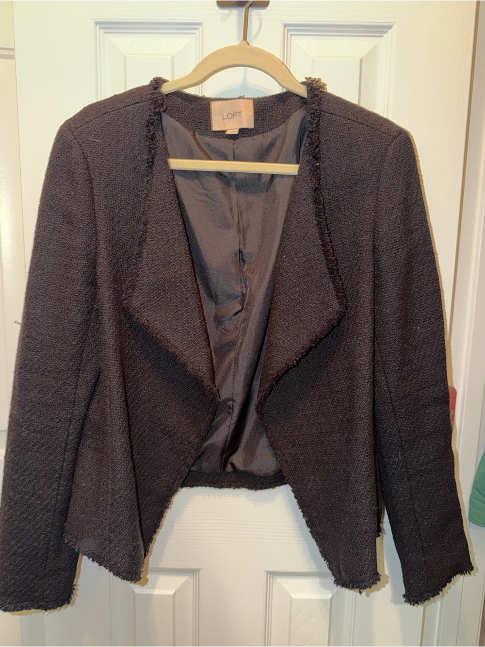LOFT Black open-front frayed tweed jacket/blazer